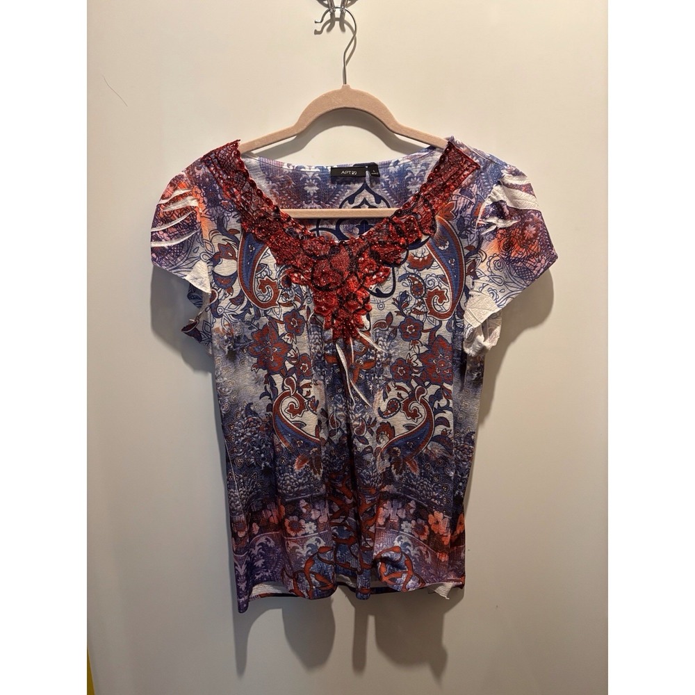 Apt 9 Blue Red Paisley‎ Floral Lace Flowy Flutter Sleeve Blouse size large